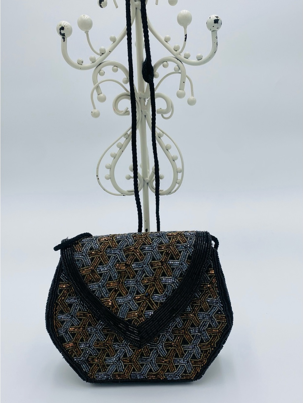 Vintage Carla Marchi Beaded Evening Bag Black Bronze Gray Seed Beads Beautiful